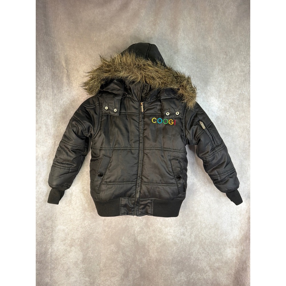 Coogi Black Hooded Puffer Jacket with Faux Fur Trim Kids‎ Unisex Size 5/6